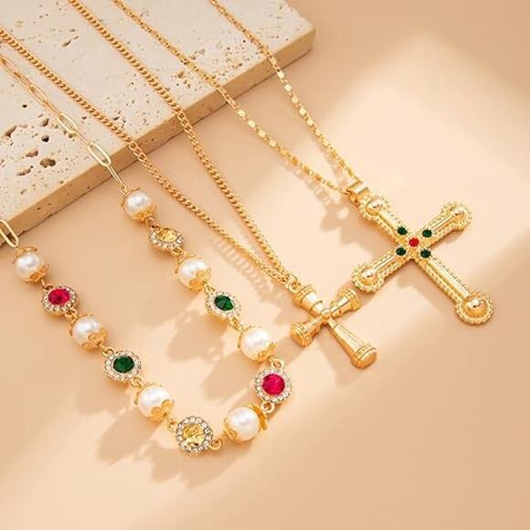 Gold Plated Layered Cross Necklace Colorful Crystal Statement Chain - Picture 3 of 7